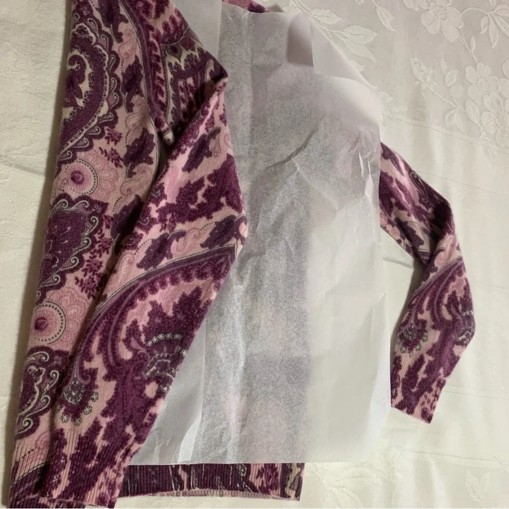 Classic Paisley Cashmere Round Neck Long Sleeve Pullover Sweater Rose Wine XS-S - Picture 5 of 14